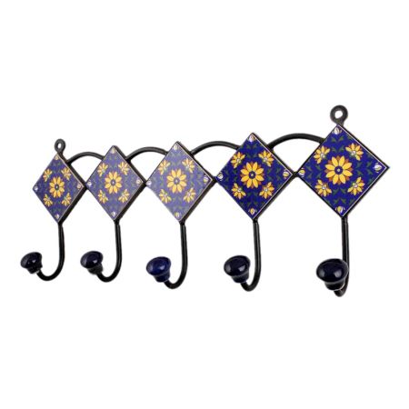 Navy Blue Yellow Floral Tiles Hooks